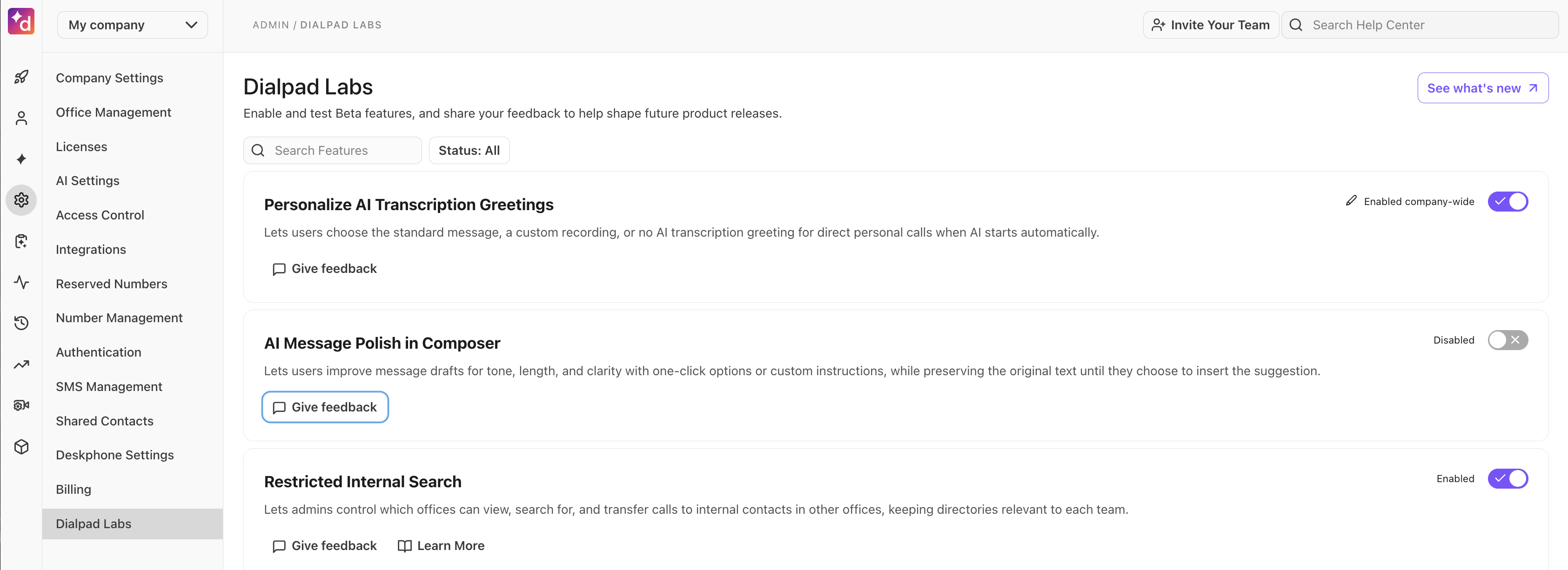 Dialpad Labs settings for AI transcription greetings and message polishing features.